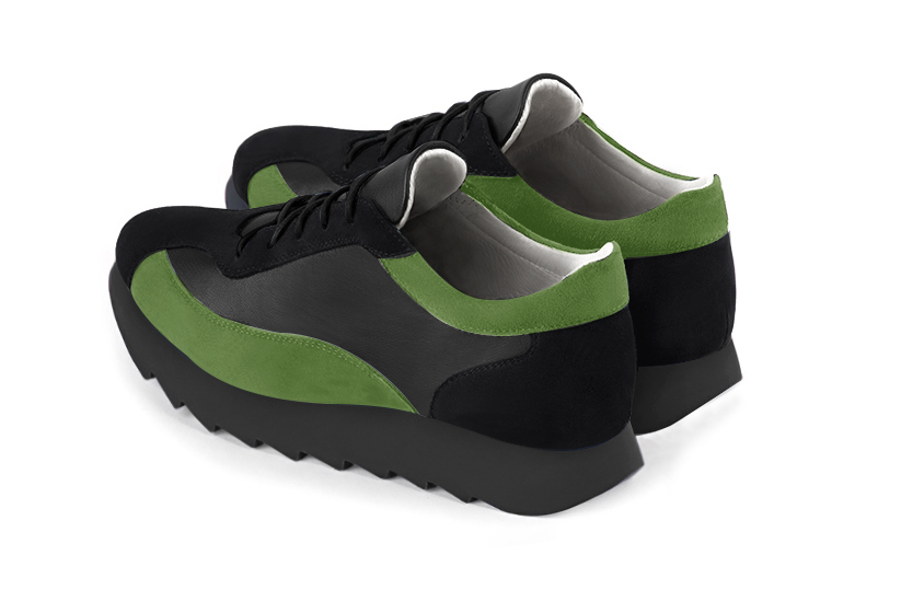 Matt black and grass green women's elegant sneakers. Round toe. Low rubber soles. Rear view - Florence KOOIJMAN